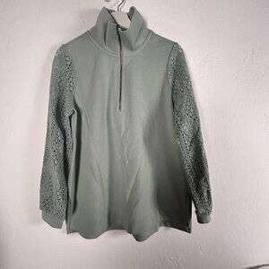 Soft Surroundings Womens Crochet Sleeve French Terry Tunic Medium Green Pullover